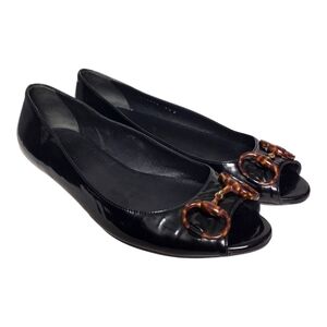 Gucci Black Patent Leather Horsebit Peep Toe Flats 6.5
